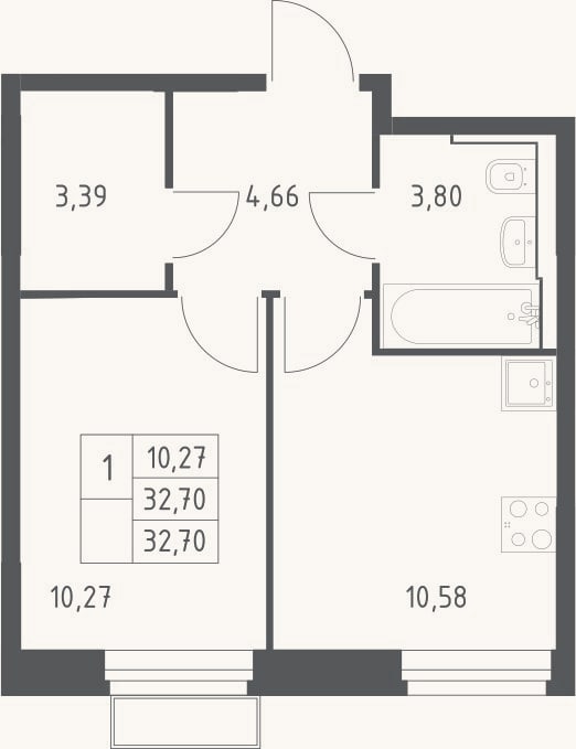 Планировка: 1-к, 32,7 м²