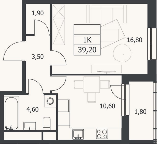 Планировка: 1-к, 37,4 м²