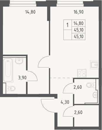 Планировка: 2-к, 45,1 м²
