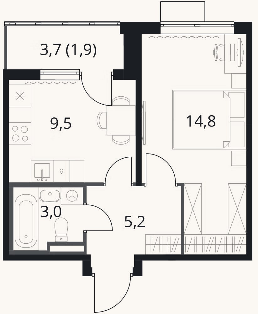 Планировка: 1-к, 32,5 м²