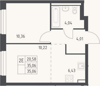 Планировка: 2-к, 35,1 м²