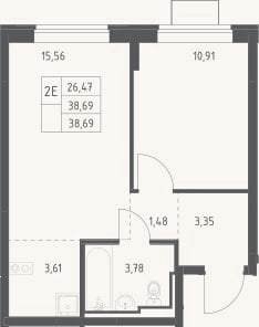 Планировка: 2-к, 38,7 м²