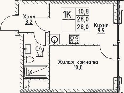 Планировка: 1-к, 28 м²