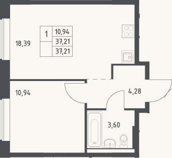 Планировка: 2-к, 37,2 м²