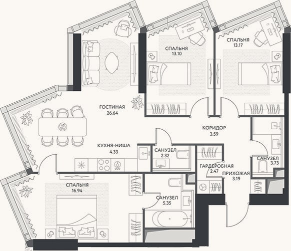 Планировка: 4+ к, 94,7 м²