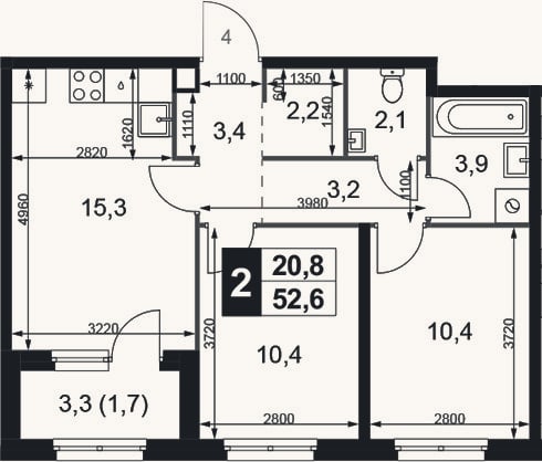 Планировка: 3-к, 50,9 м²