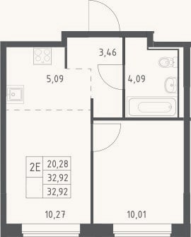 Планировка: 2-к, 32,9 м²