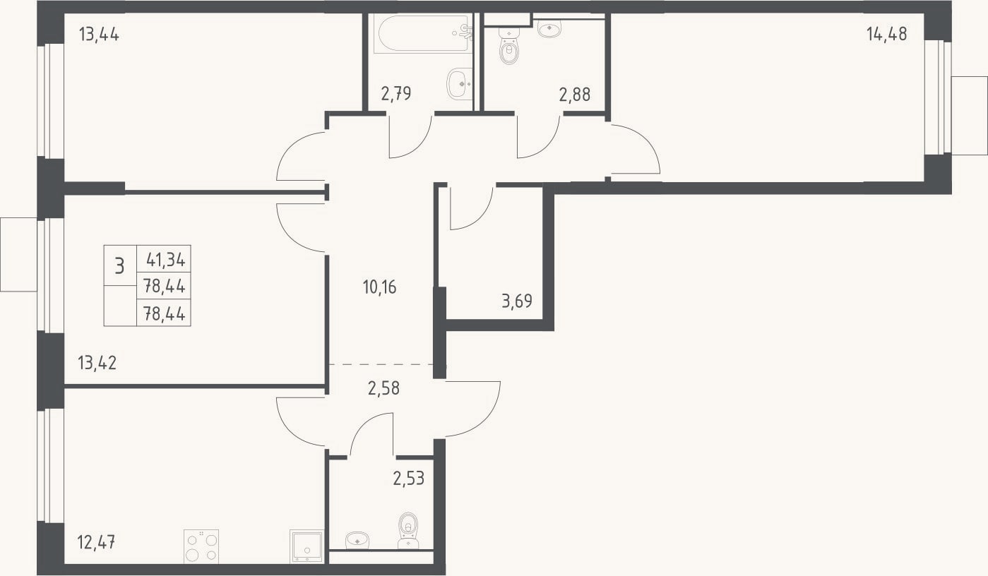 Планировка: 3-к, 78,4 м²