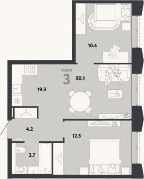 Планировка: 3-к, 50,1 м²