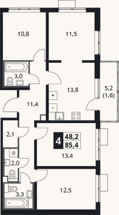 Планировка: 4+ к, 83,8 м²