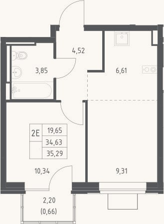 Планировка: 2-к, 34,6 м²