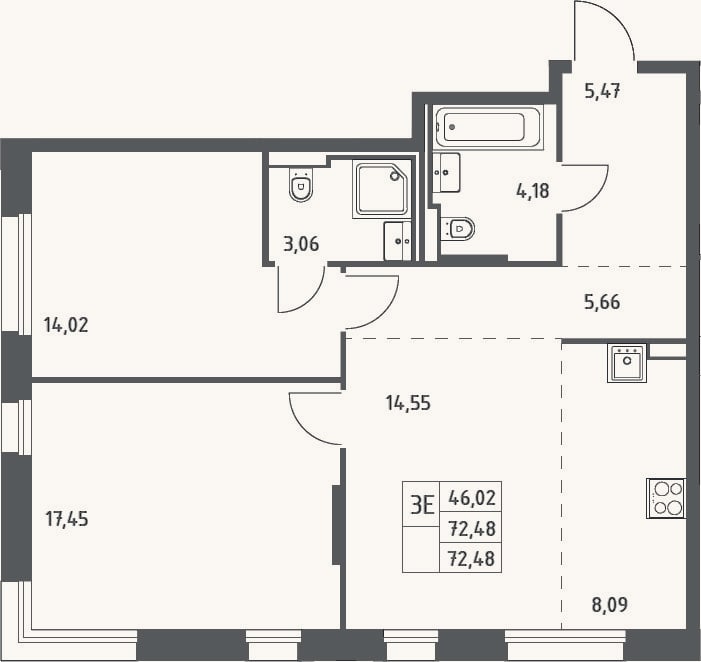 Планировка: 3-к, 72,5 м²