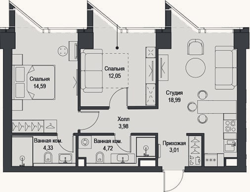 Планировка: 3-к, 61,7 м²