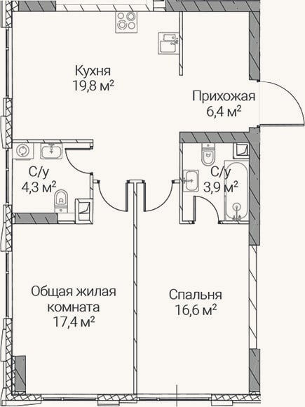 Планировка: 2-к, 68,4 м²