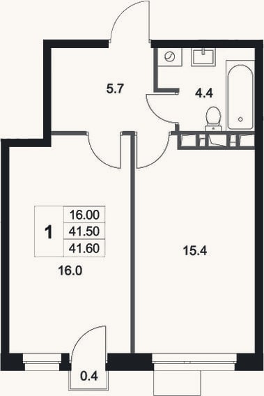 Планировка: 1-к, 41,5 м²