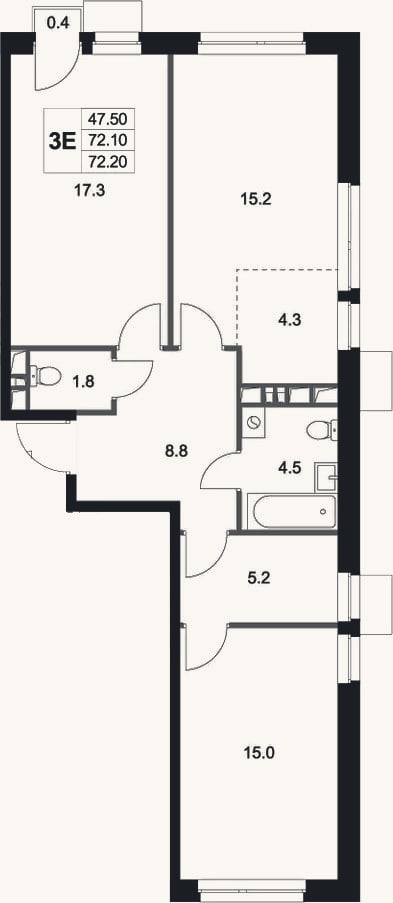 Планировка: 3-к, 72,1 м²