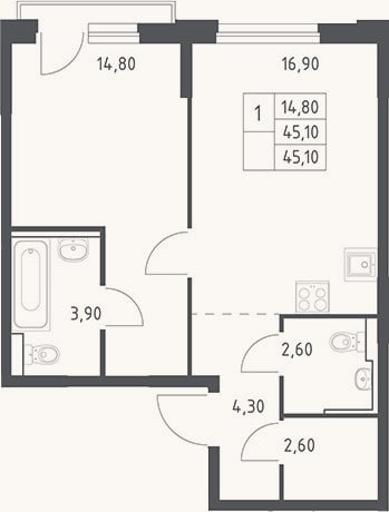 Планировка: 2-к, 45,1 м²