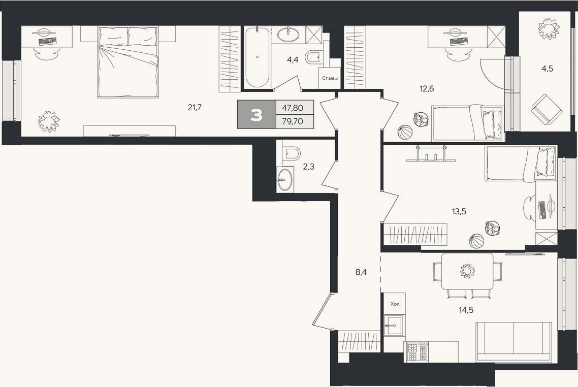 Планировка: 3-к, 77,4 м²