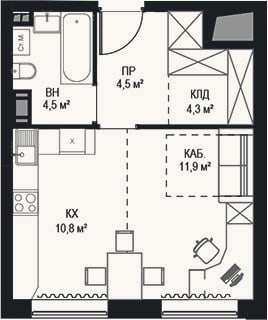 Планировка: 1-к, 36 м²