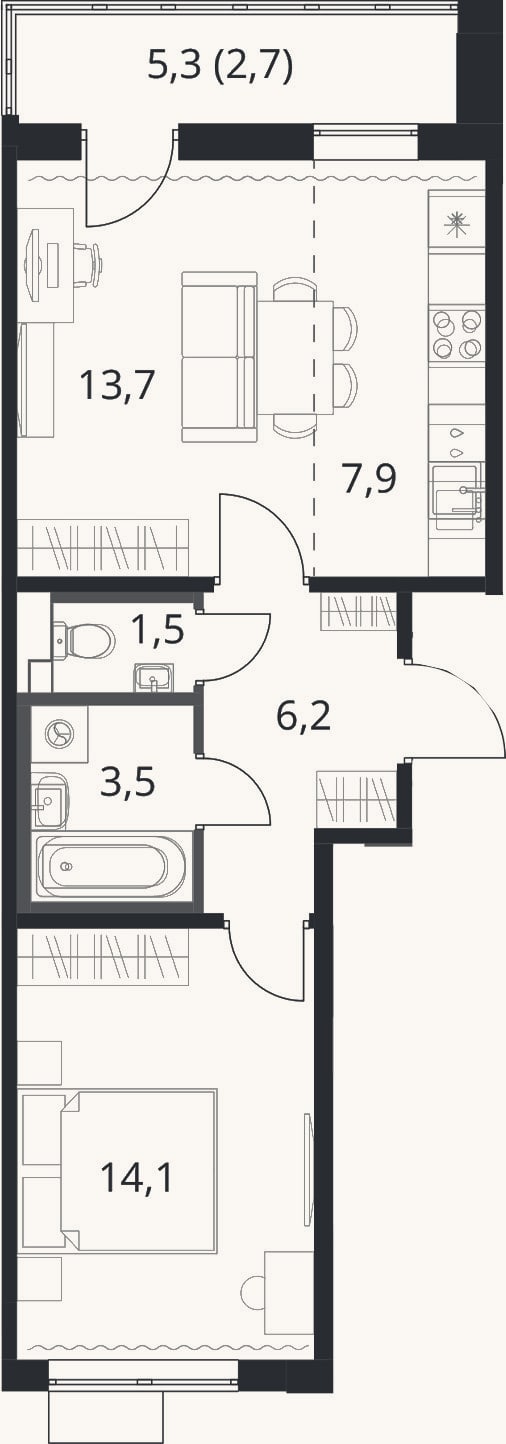Планировка: 2-к, 46,9 м²