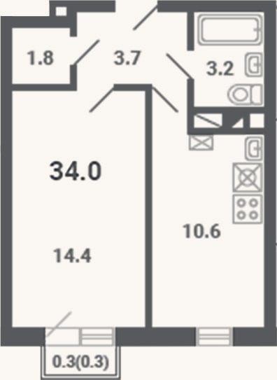 Планировка: 1-к, 33,7 м²