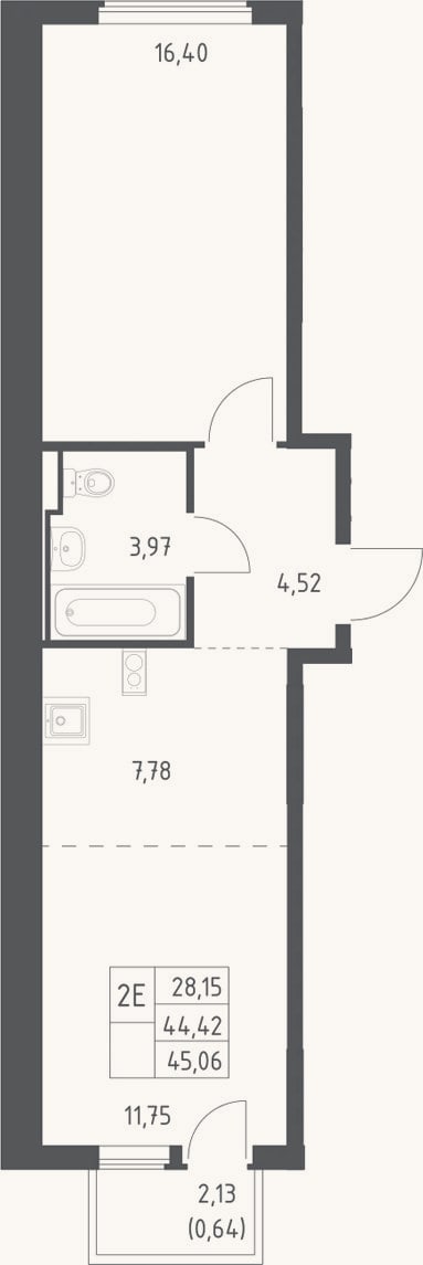 Планировка: 2-к, 44,4 м²