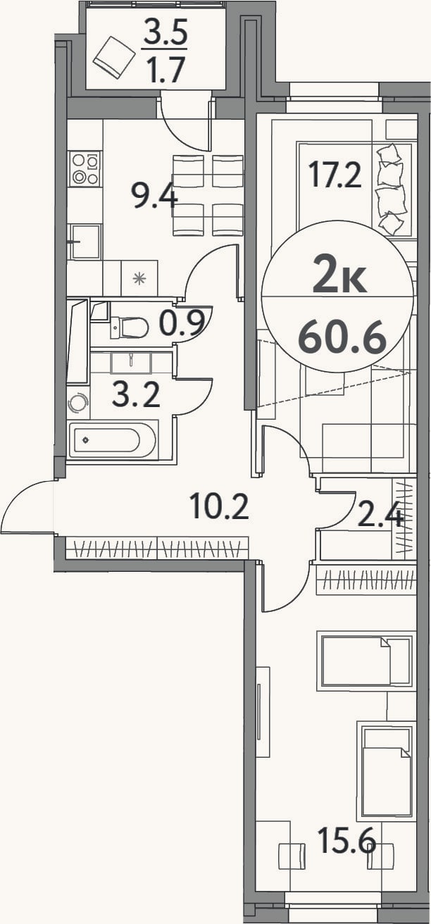 Планировка: 2-к, 58,9 м²