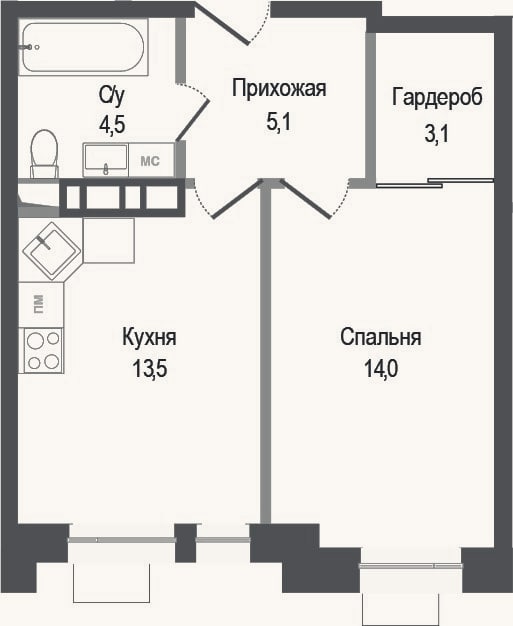 Планировка: 1-к, 40,2 м²