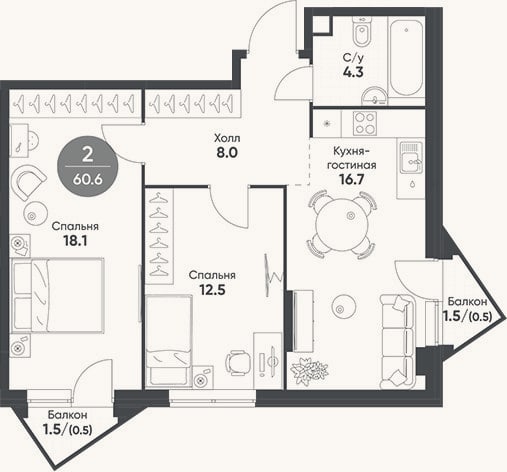 Планировка: 3-к, 59,6 м²