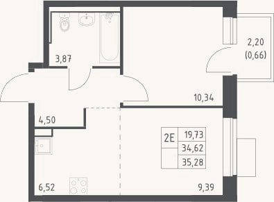 Планировка: 2-к, 34,6 м²