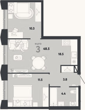 Планировка: 3-к, 48,5 м²