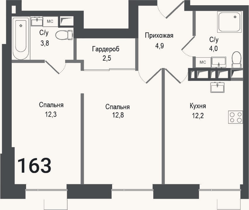 Планировка: 2-к, 52,5 м²