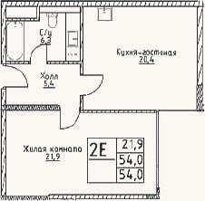 Планировка: 2-к, 54 м²