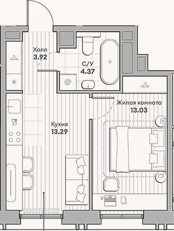 Планировка: 1-к, 34,6 м²