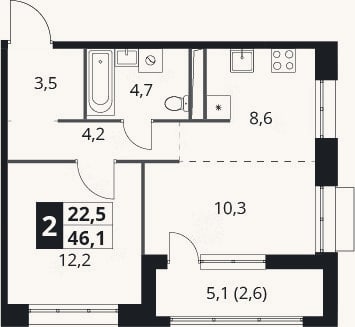 Планировка: 1-к, 43,5 м²