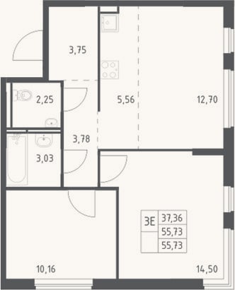 Планировка: 3-к, 55,7 м²