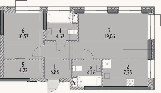 Планировка: 2-к, 55,7 м²