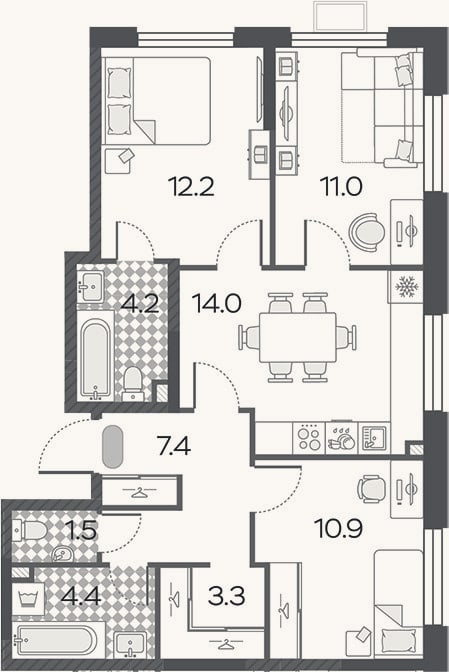 Планировка: 3-к, 68,9 м²