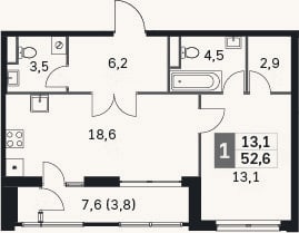 Планировка: 2-к, 47,6 м²