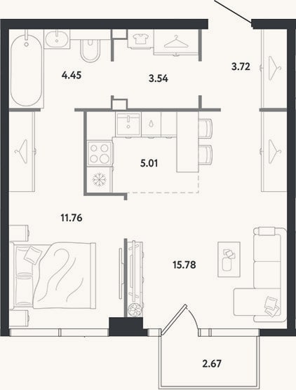 Планировка: 1-к, 44,3 м²