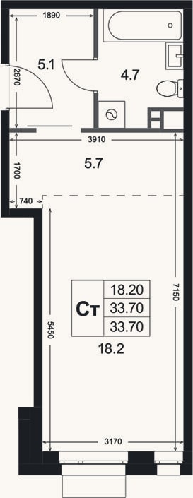 Планировка: Студия, 33,7 м²