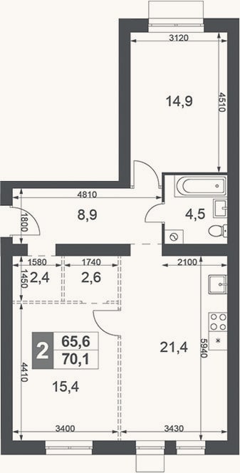 Планировка: 2-к, 70,1 м²