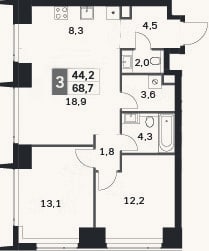 Планировка: 3-к, 68,7 м²
