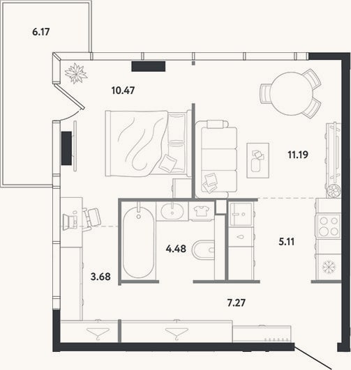 Планировка: 1-к, 42,2 м²