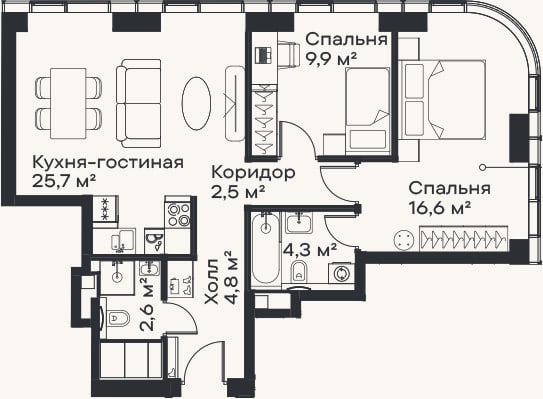 Планировка: 3-к, 66,4 м²