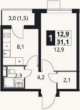 Планировка: 1-к, 29,6 м²