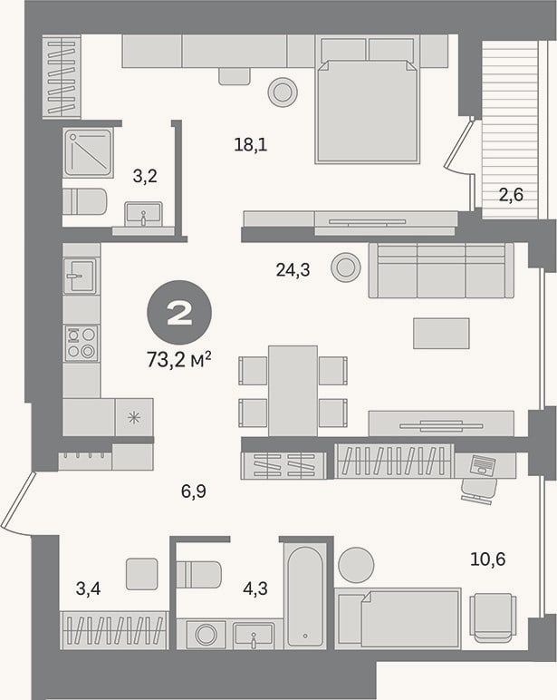 Планировка: 2-к, 70,6 м²