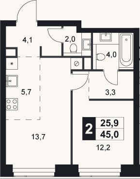 Планировка: 2-к, 45 м²