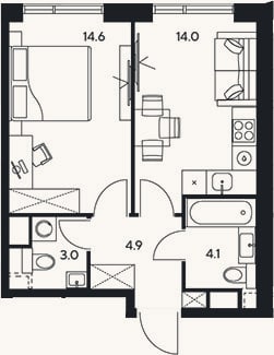 Планировка: 1-к, 40,6 м²