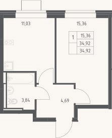 Планировка: 1-к, 34,9 м²